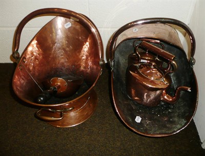 Lot 151 - Two copper coal buckets, two kettles and a shovel