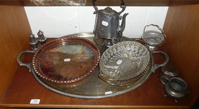 Lot 159 - Silver plated tray, kettle on stand, Arts & Crafts copper tray etc