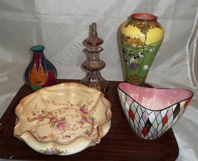 Lot 163 - Losol 'Jazzette' vase, Bohemian scent bottle, Maling vase, Crown Devon bowl and a Sunderland...