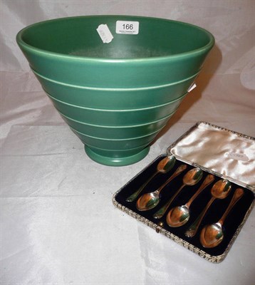 Lot 166 - A Keith Murray Wedgwood bowl (a.f.) and a set of six silver teaspoons, cased