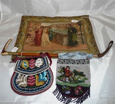Lot 171 - Two beadwork bags, riding crop and woven cloth