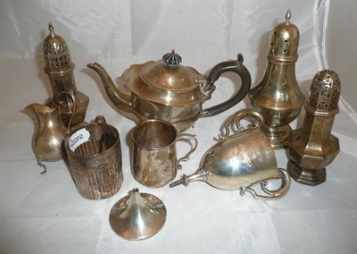 Lot 186 - Silver castors, silver teapot, silver trophy cups etc