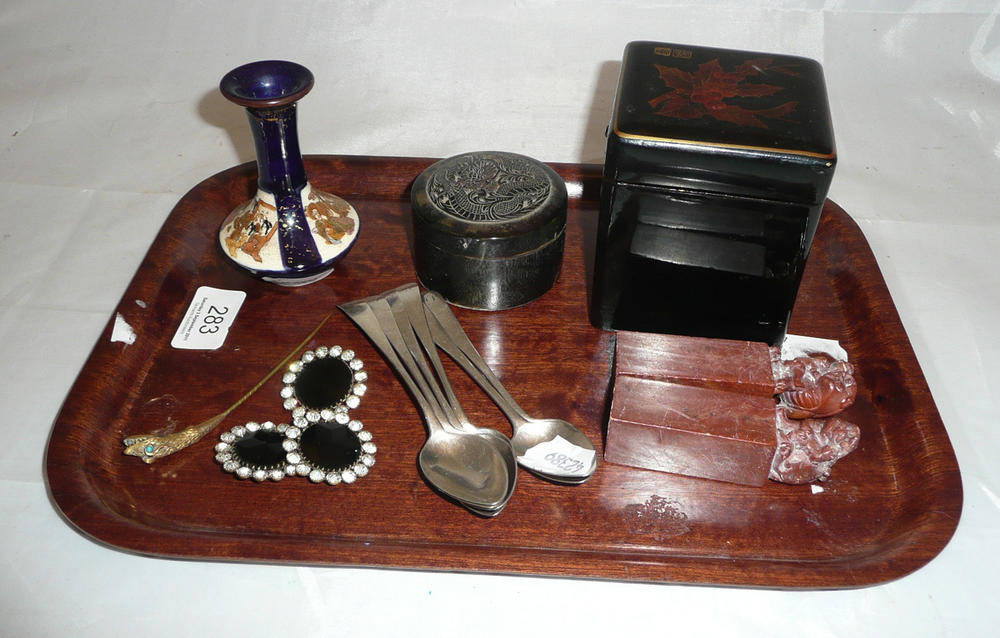 Lot 283 - Six silver spoons, three buttons, miniature satsuma vase, Japanese seals etc