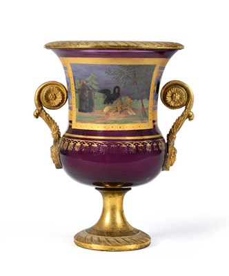 Lot 4 - A French Ormolu Mounted Amethyst Glass Vase, 19th century, of campana form with scroll handles,...