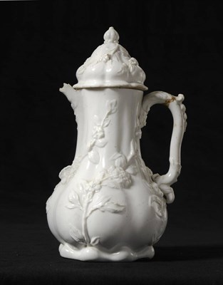 Lot 9 - A Chelsea Porcelain  "Tea Plant " Coffee Pot and Cover, circa 1744-49, of fluted baluster form...