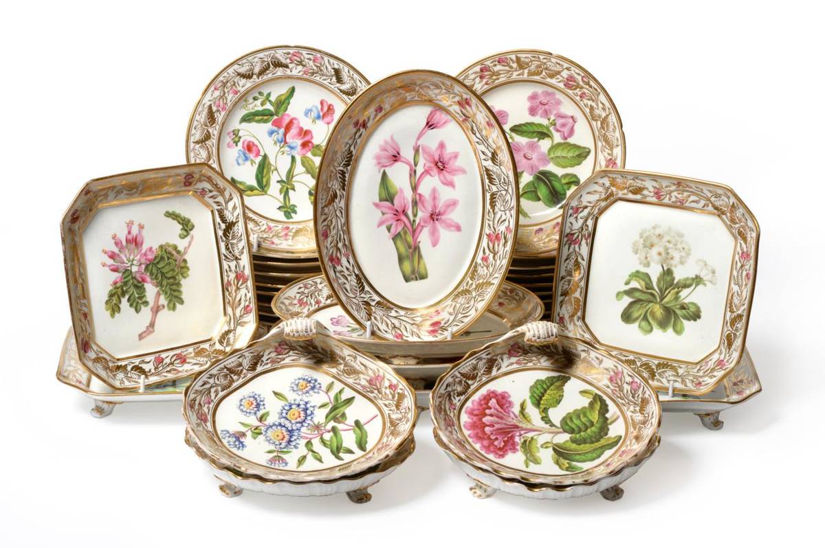 Lot 18 - An English Porcelain Dessert Service, circa 1810, painted with named botanical specimens within...