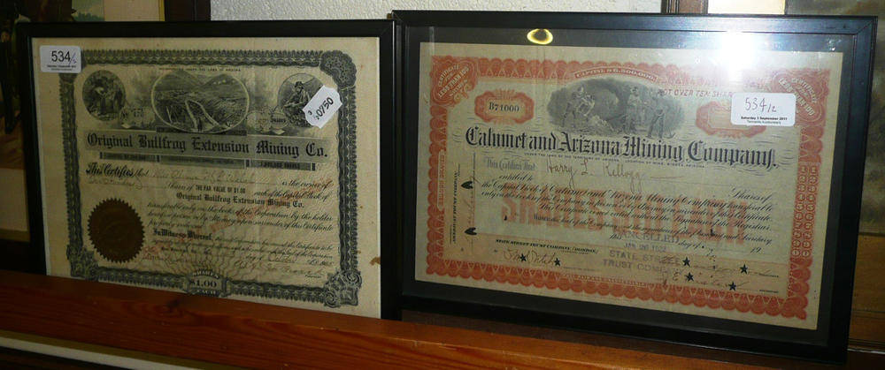 Lot 534 - Two share certificates, Arizona Mining Companies