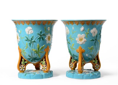 Lot 28 - A Pair of Minton Majolica Jardinières, circa 1870, of bell form, modelled with flowering...