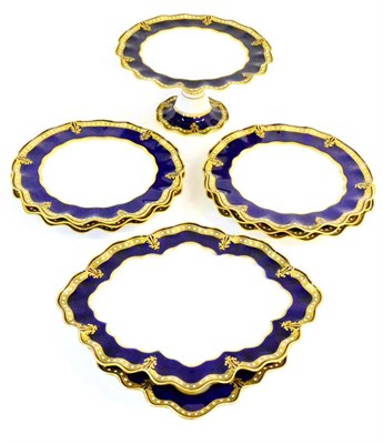 Lot 33 - A Royal Crown Derby Porcelain Dessert Service, 1905, the blue border with gilt strapwork and beaded