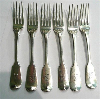 Lot 34 - Six Georgian silver table forks engraved S, approximately 15oz