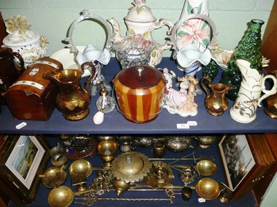 Lot 71 - A large quantity of brassware, ornamental China and glass, prints etc on two shelves