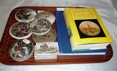 Lot 75 - Six Pratt pot lids and a Prattware box and two books