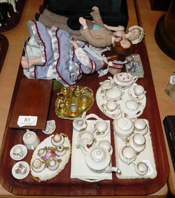 Lot 81 - Seven various miniature teasets, two dolls, plated cake forks and a Continental figure