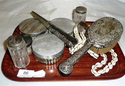 Lot 86 - Silver mounted hair brush, silver mounted glass jars, shell necklace etc