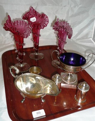 Lot 89 - Three Victorian cranberry vases and plated ware