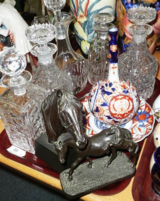 Lot 95 - Japanese Imari bottle vase, plate, two resin figures and glass decanters