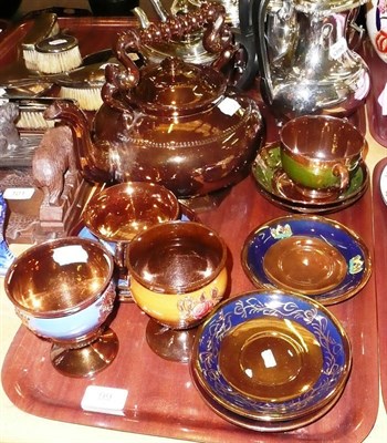 Lot 99 - Victorian copper lustre kettle, goblets, cups and saucers