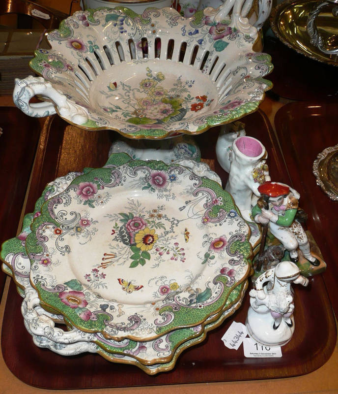 Lot 110 - 19th century part dessert service and four Staffordshire type figures
