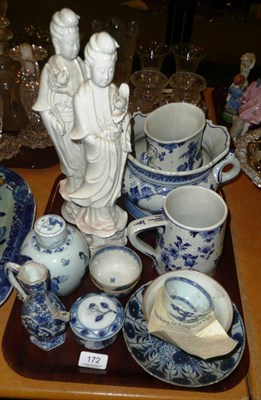 Lot 172 - A tray including Chinese and Delft ware pieces, Nanking cargo tea bowl, blanc de chine figures,...