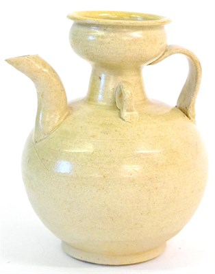 Lot 69 - A Chinese Celadon Ewer, possibly Song Dynasty, of ovoid form with loop handles and spout,...