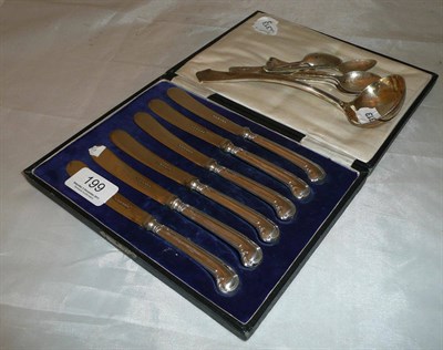 Lot 199 - A set of six silver handled fruit knives and a quantity of silver flatware