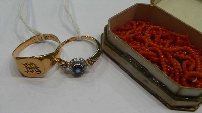 Lot 208 - A gold signet ring and a ladies small sapphire ring and a broken coral necklace, (a.f.) all boxed