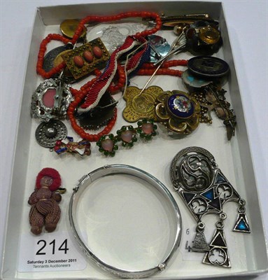 Lot 214 - Quantity of costume jewellery including coral beads and a silver bangle