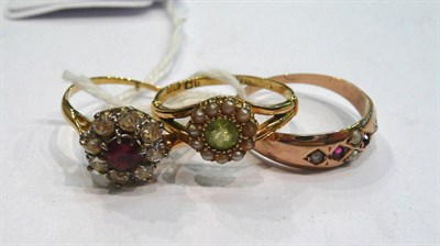 Lot 223 - 18ct gold seed pearl ring, diamond cluster ring and a garnet ring