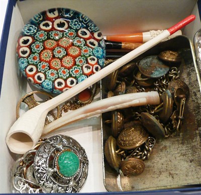 Lot 224 - A glass paper weight, three brooches, cameo brooch, clay pipe, Chinese mother of pearl opium holder