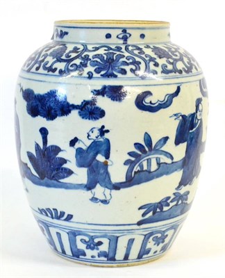Lot 74 - A Chinese Porcelain Ovoid Jar, 17th century, painted in underglaze blue with figures in a...