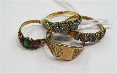 Lot 240 - Diamond three stone ring, 9ct gold signet ring, turquoise and garnet ring and an amethyst ring