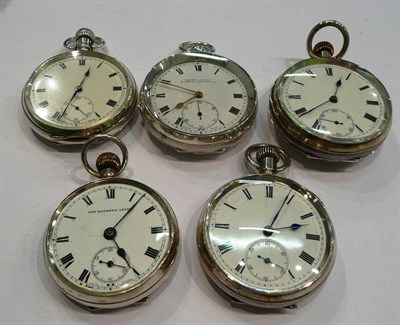 Lot 244 - Five silver open faced keyless pocket watches