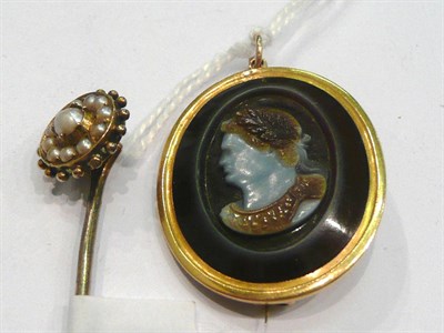 Lot 251 - A sardonyx intaglio brooch and a seed pearl cluster stick pin