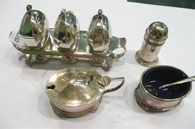 Lot 252 - Silver three piece condiment cruet and three sundry condiments