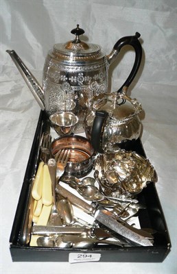 Lot 294 - Small quantity of silver flat ware, plated teapot, coffee pot etc