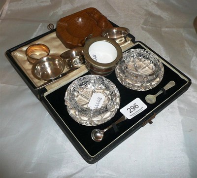 Lot 296 - Three silver tea light holders, Mouseman ashtray, pair of glass salts, silver napkin and pail salt