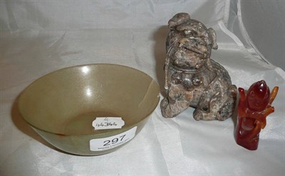 Lot 297 - Jade type bowl (a.f.), Chinese soapstone carving and a figure of a parrot