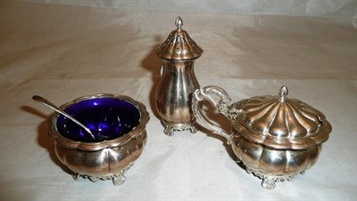 Lot 304 - A silver three piece condiment set, lobed