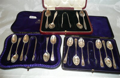 Lot 310 - Six teaspoons and tongs cased and two incomplete sets of teaspoons, cased (a.f.)