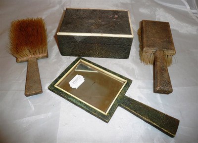 Lot 312 - Shagreen box, two brushes and a mirror