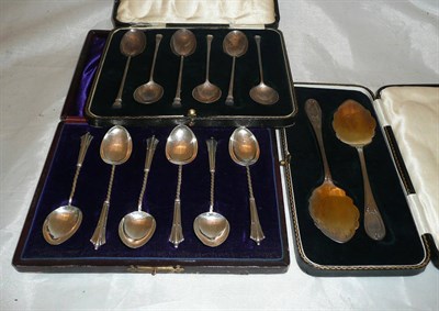 Lot 318 - Two sets of six coffee spoons cased and a pair of jam spoons