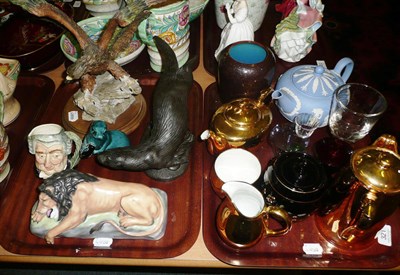 Lot 321 - Two trays of glass and ceramics including a glass rummer, Royal Doulton character jug 'The Lawyer'