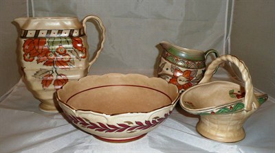 Lot 324 - Four pieces of Charlotte Reed designed Crown Ducal ceramics including two jugs, basket and bowl