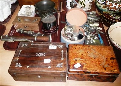 Lot 326 - Two trays of metal wares, silver plate, clarinet, ink stand, bronze mortar, rosewood box and a faux