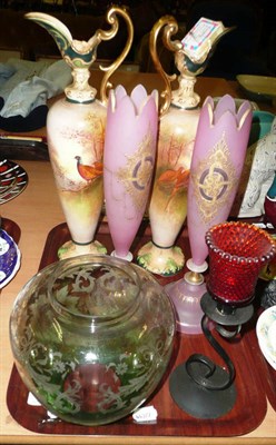 Lot 331 - Tray including a pair of pink and gilt decorated vases, oil lamp glass shade,a pair of Crown...