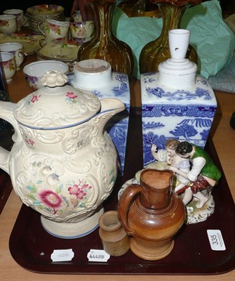 Lot 335 - A tray including a pair of Linthorpe green glazed vases, Ringtons tea jars, stoneware jug and a...