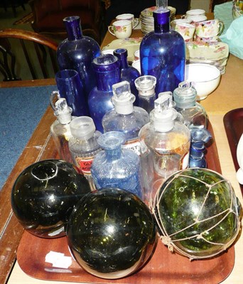 Lot 337 - Tray including various chemist's bottles and three witches balls