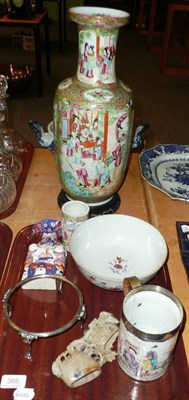 Lot 366 - Tray including Japanese Imari wall pocket, small canton, brush pot, Chinese export mug...