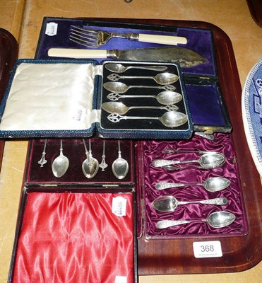 Lot 368 - Three cases of silver teaspoons and a fish slice and fork