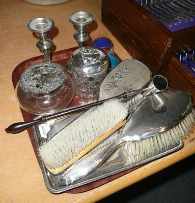 Lot 370 - Quantity of silver to include dressing table pieces, dwarf candlesticks, candle snuffer etc